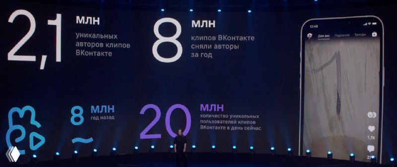 Слайд презентации запуска ВК Видео: тёмный фон с крупными цифрами и метриками аудитории, инфографика и иконки сервисов VK на сцене