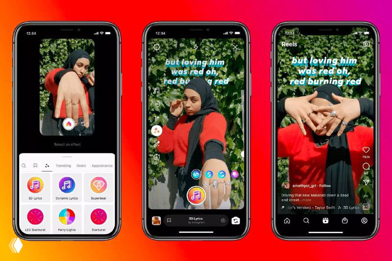 Три экрана смартфонов с Reels: демонстрация вертикальных видео, текстовой поверхностной графики и примера 3D‑текста песни в ролике.