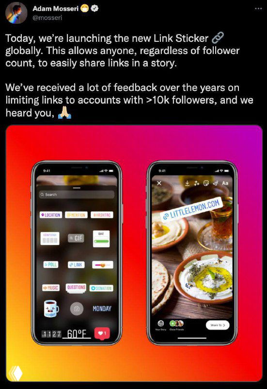 Два скриншота на экранах смартфонов, демонстрирующие интерфейс Stories с новым стикером‑ссылкой и примерами добавленных ссылок на градиентном фоне