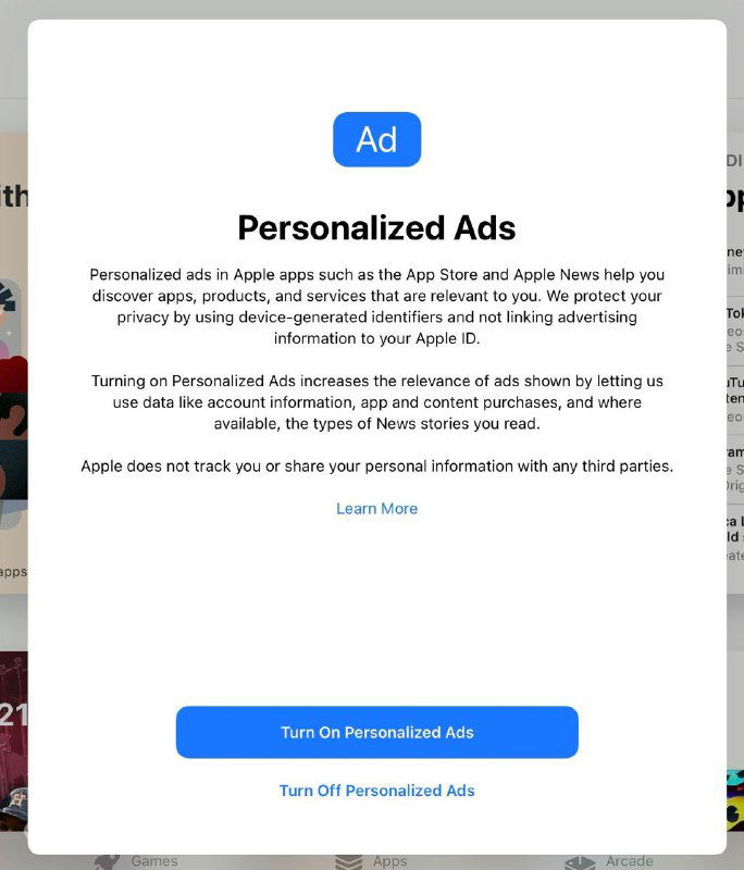 Скриншот окна Apple с заголовком «Personalized Ads» и текстом о включении персонализированной рекламы; видны кнопки выбора.