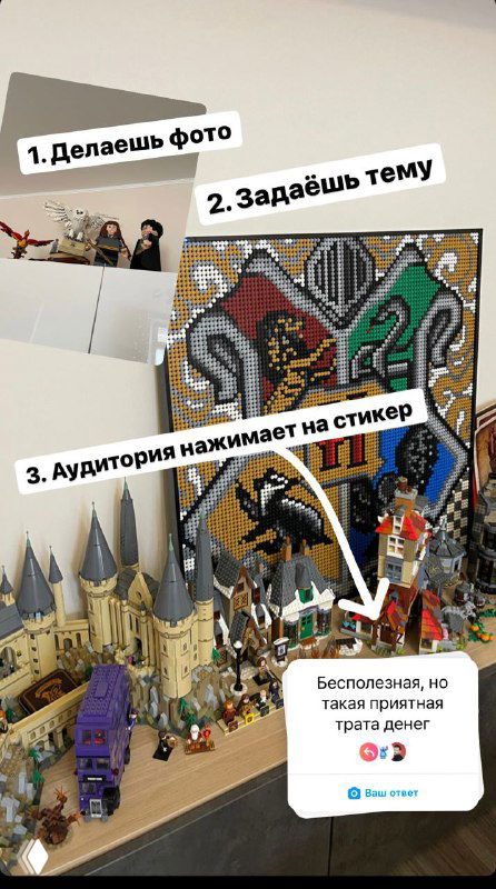 Скриншот Instagram Stories с шагами механики «Ваш ответ»: фото, тема и нажатие стикера на фоне полок с игрушками и декором.