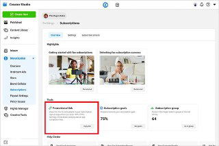 Скриншот интерфейса Creator Studio Facebook: панель с подписками для создателей и подсказки о возможностях платных подписок в приложении.