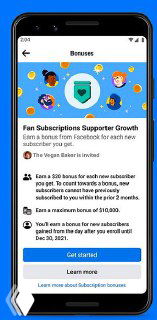 Скриншот мобильного экрана с карточкой бонусов Facebook Subscriptions: описание условий выплат авторам за привлечение новых подписчиков.