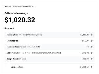 Скриншот отчёта Estimated earnings с суммой $1,020.32 и детализацией комиссий, показывающий вычеты Apple и Google при платных подписках.