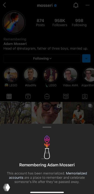 Скриншот мобильного интерфейса Instagram: тёмный профиль Адама Моссери и всплывающее окно с надписью «Remembering Adam Mosseri», уведомление о памятном статусе аккаунта.