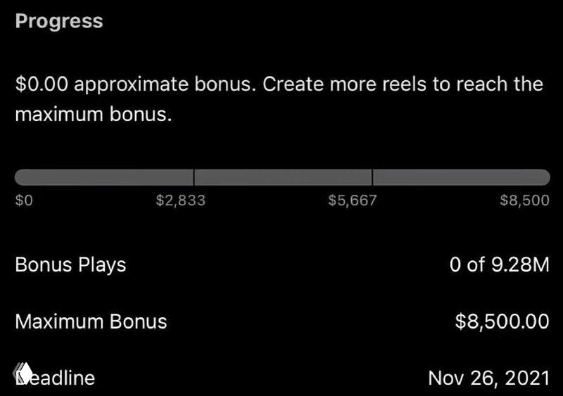 Скриншот панели прогресса бонуса Instagram: шкала выплат до $8,500, 0 из 9.28M воспроизведений и дедлайн Nov 26, 2021