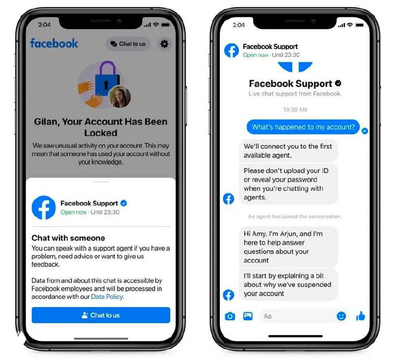 Мобильный скриншот интерфейса Facebook Support: уведомление об блокировке аккаунта, окно чата с сообщениями и кнопка связи.