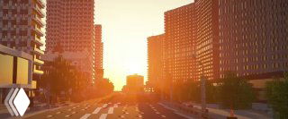 Сцена в Minecraft: городской проспект с высотными домами на закате, иллюстрация масштабной сборки городов в проекте Build the Earth.