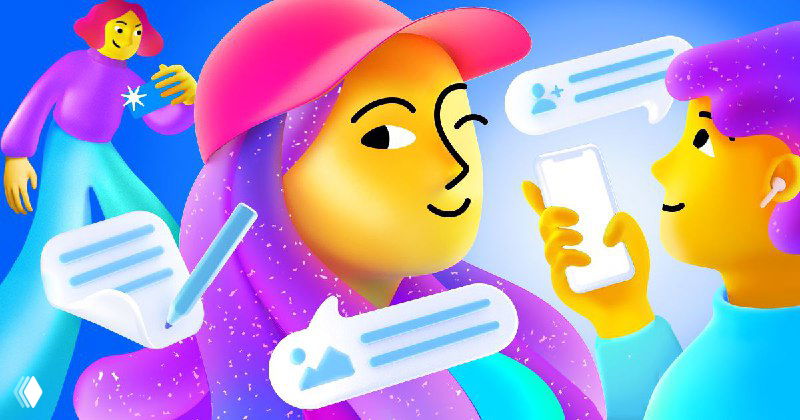 Яркая векторная иллюстрация: люди с телефонами и всплывающими сообщениями, символ рекомендательной ленты и соцсетевого общения