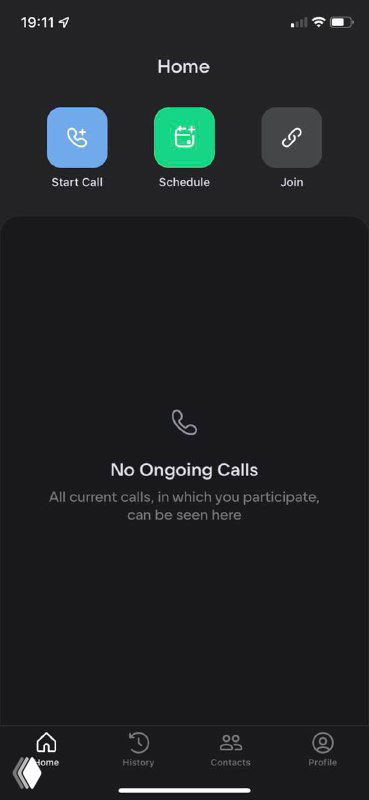Скриншот мобильного интерфейса приложения VK Звонки в тёмной теме: крупные кнопки Start Call, Schedule, Join и сообщение «No Ongoing Calls», панель навигации внизу.