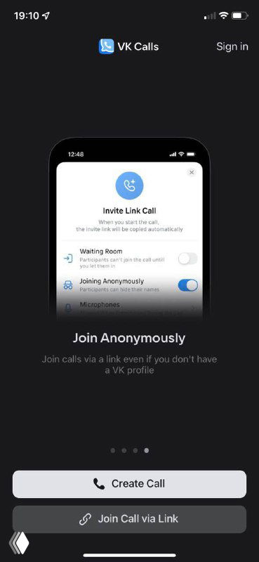 Экран приветствия VK Звонки на мобильном: логотип VK Calls, изображение телефона и кнопки «Create Call» и «Join Call via Link» в тёмной цветовой схеме приложения.