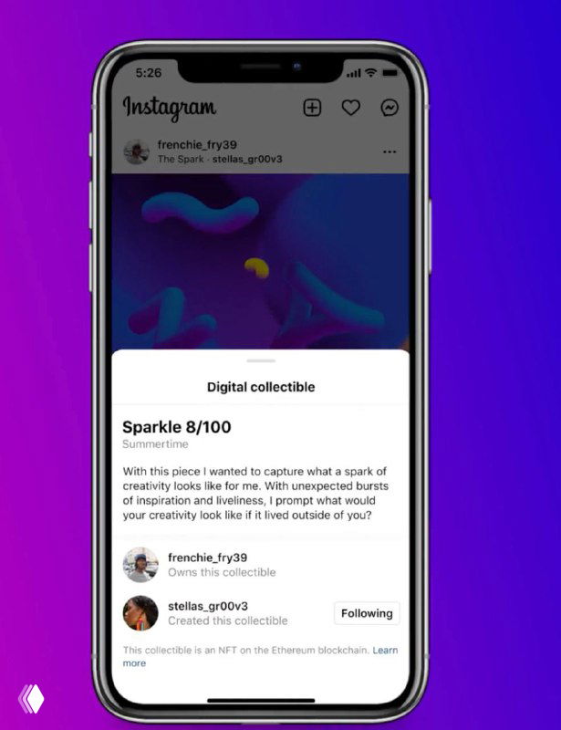 Скриншот Instagram на смартфоне с открытой карточкой «Digital collectible», видно описание, авторство и интерфейс продажи NFT-поста.