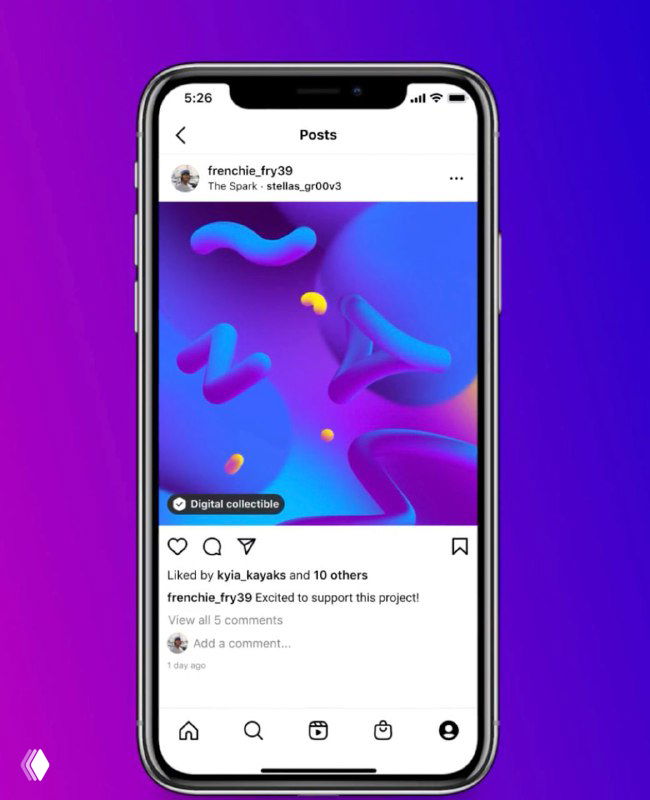 Пост в Instagram на экране смартфона с отметкой «Digital collectible» под изображением — пример того, как будут помечаться продаваемые NFT-посты.