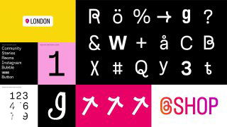 Примеры глифов, символов и стилизованных букв шрифта Instagram Sans, включая цифры и специальные знаки, часть набора символов с кириллицей.