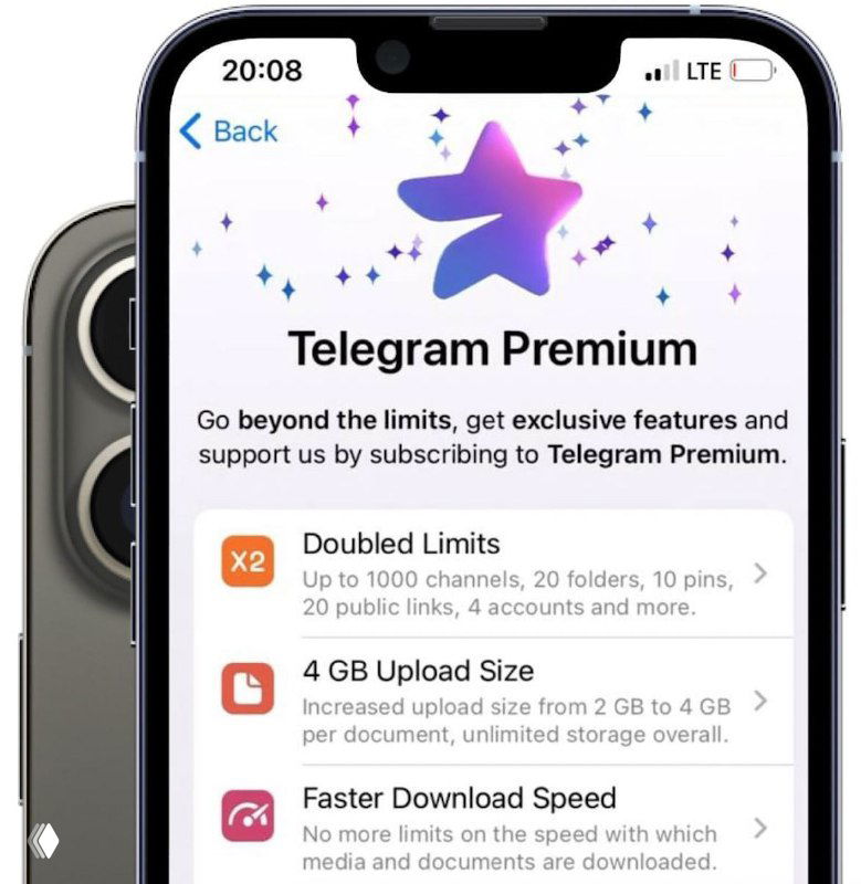Скриншот интерфейса Telegram Premium: промо-карта о 4 ГБ загрузки, удвоенных лимитах и значке премиума.