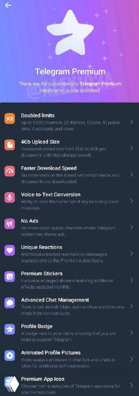 Скриншот интерфейса Telegram Premium с перечнем возможностей: папки для новых диалогов, автоархивация, скрытие от не‑контактов, видео‑аватарки.