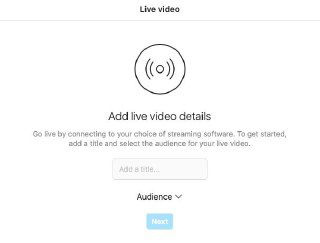 Скриншот экрана Instagram: форма 'Add live video details' с полем для заголовка и выбором аудитории перед запуском прямого эфира в веб-версии.