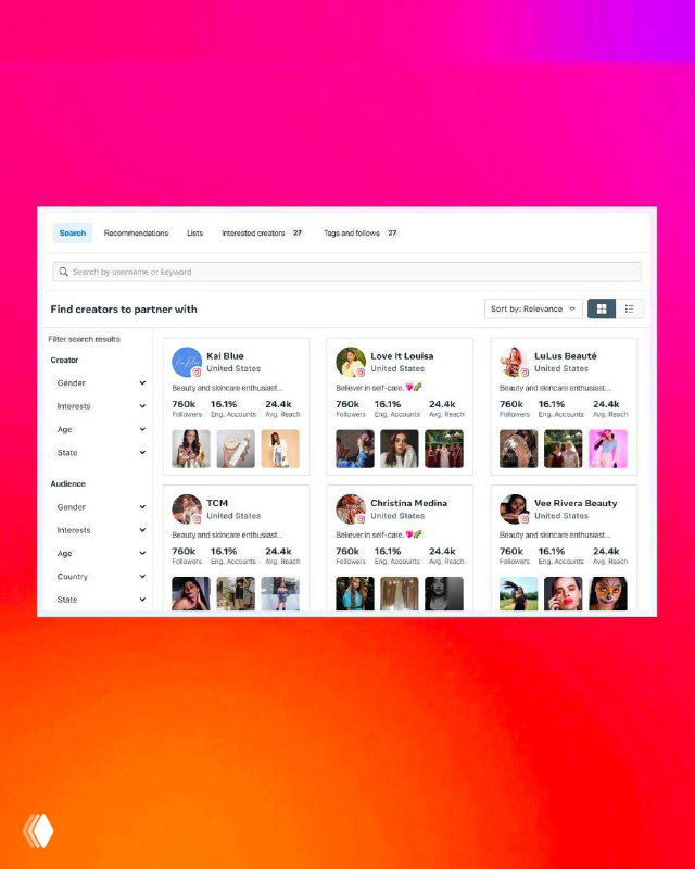 Скриншот интерфейса Creator Marketplace Instagram: карточки блогеров с метриками охватов и вовлечённости, панель фильтров и панели поиска на фоне градиента.