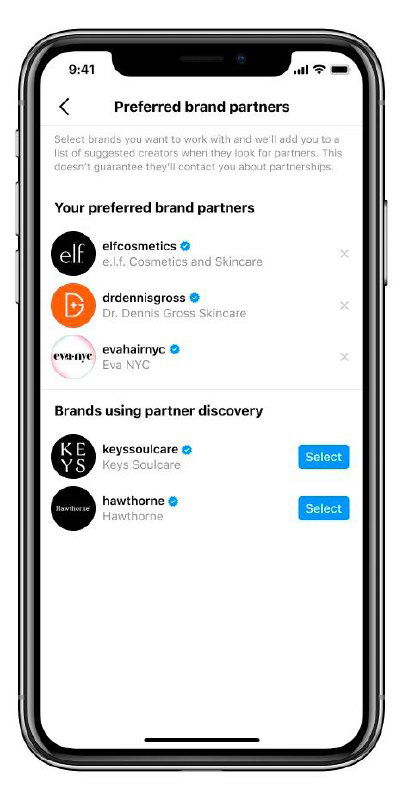 Экран смартфона с разделом «Preferred brand partners» в Instagram Creator Marketplace: список предпочитаемых партнёров бренда и кнопки выбора партнёра.