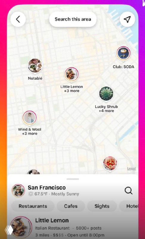 Скриншот интерфейса Instagram: карта с отметками популярных бизнес-профилей по геолокации, показана карточка ресторана Little Lemon и элементы интерфейса.