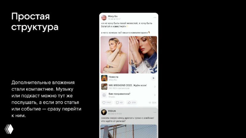 Слайд о простой структуре и компактных вложениях: макет поста с несколькими медиавложениями, где дополнительные элементы свёрнуты для аккуратного вида ленты
