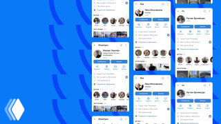 Мокапы мобильных экранов ВКонтакте с новым оформлением профиля: видны карточки пользователей, обложки, адаптивные вкладки и интерфейс мини‑приложений на синем фоне.