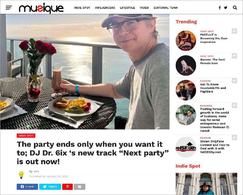 Скриншот страницы статьи-расследования с фотографией диджея за столом и медиаметками — пример платных публикаций, легитимизирующих профиль