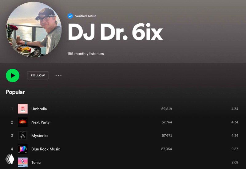 Скриншот профиля в Spotify с именем артиста, плейлистом и списком треков — иллюстрация фальшивого музыкального аккаунта