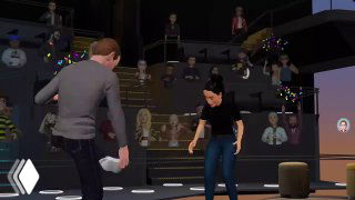 Сцена виртуального пространства с 3D-аватарами на сцене и зрителями на заднем плане — иллюстрация интерфейса Horizon Worlds