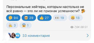 Скриншот интерфейса Telegram: под постом видны иконки реакций с количественными счётчиками, аватары комментаторов и число просмотров, демонстрируя пример реакции аудитории.