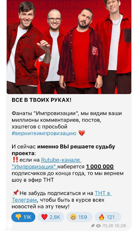 Скриншот Telegram‑поста DNative: превью с ведущими шоу «Импровизация», видна статистика подписчиков и реакция фанатов на закрытие проекта.