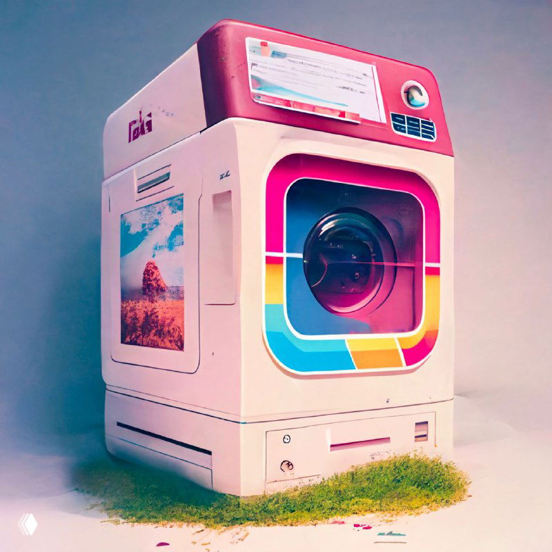 Иллюстрация: яркая ретро-стиральная машина с экраном и разноцветным люком на пастельном фоне, символ контента.