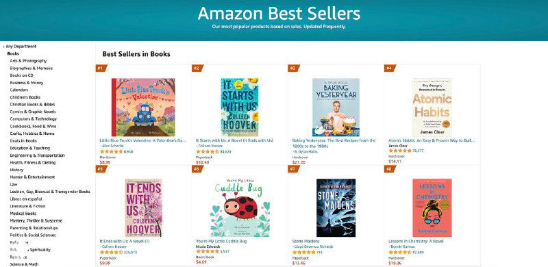 Скриншот страницы Amazon Best Sellers: заголовок раздела и ряд миниатюр обложек книг, иллюстрация всплеска продаж после вирусного ролика.