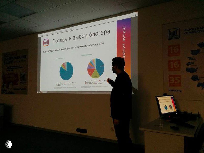 Силуэт лектора у проектора на фоне большого экрана с слайдами — круговые диаграммы и графики; ноутбук и стол в конференц-зале.