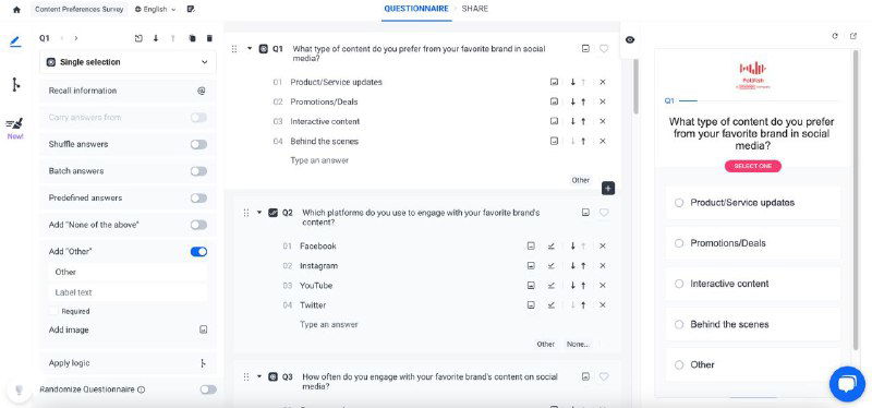 Скриншот интерфейса сервиса Pollfish: пример формы опроса с вопросами и вариантами ответов для исследования целевой аудитории.
