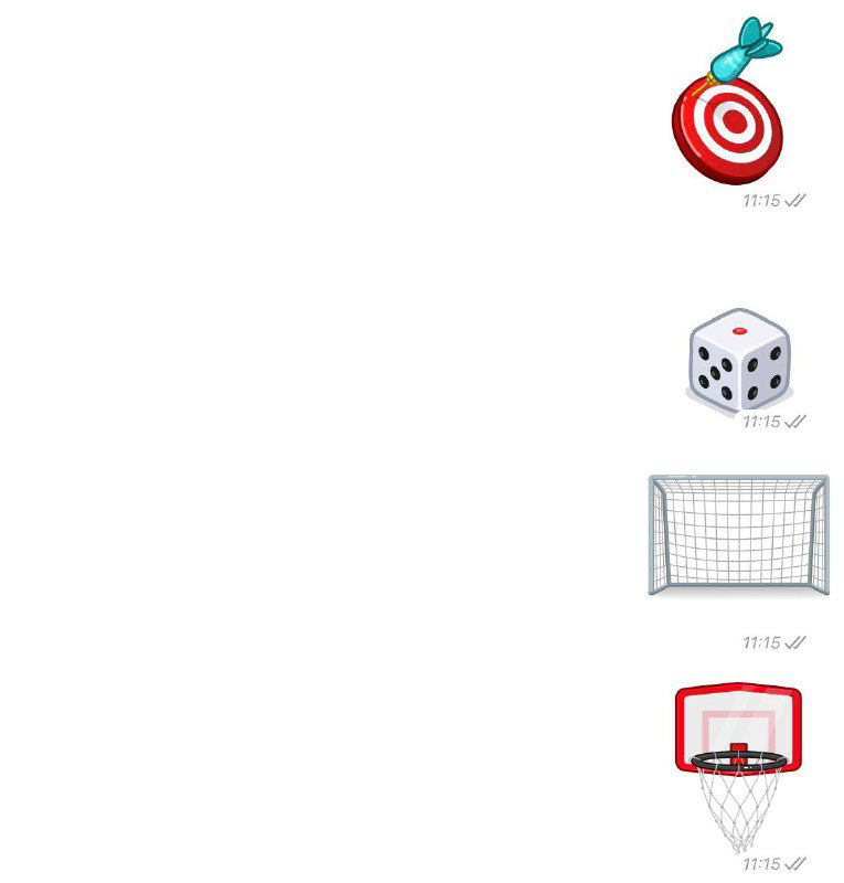 Скриншот: четыре динамических «спортивных» emoji в Telegram — мишень, кости, ворота, баскетбольная корзина.