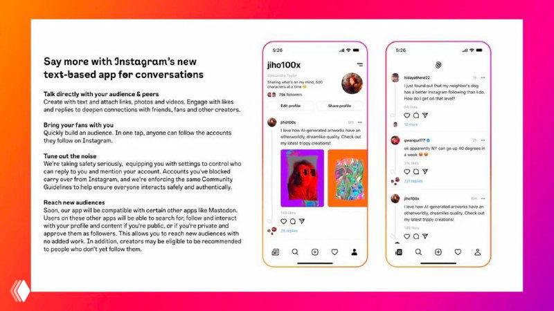 Три макета мобильных экранов новой текстовой соцсети от Instagram на градиентном фоне, показ интерфейса и публикаций