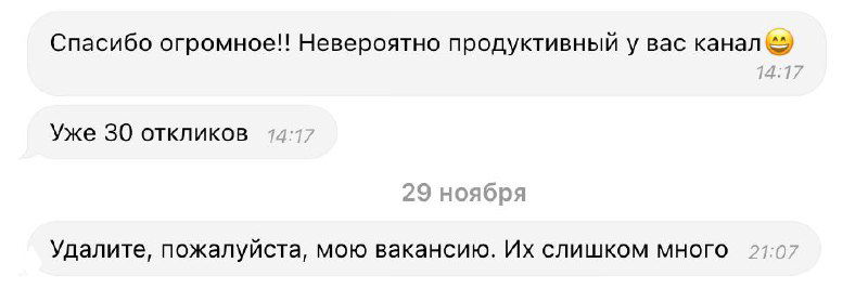 Скриншот чата: благодарственное сообщение от работодателя с позитивным отзывом о размещении вакансии в канале Dnative Job.