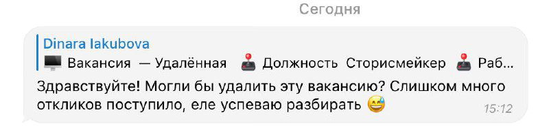 Скриншот переписки с работодателем, где подтверждается успешное размещение и приход откликов через канал Dnative Job.