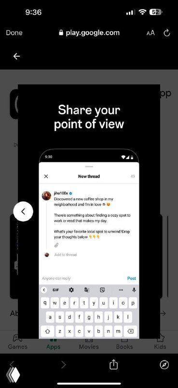 Скриншот мобильного интерфейса Threads: окно ввода текста и клавиатура, текст «Share your point of view», демонстрация интерфейса создания публикации и предпросмотра.
