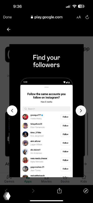 Скриншот списка подписок в Threads: экран «Find your followers» с предложением подписаться на те же аккаунты, что и в Instagram, вид списка пользователей и кнопок.