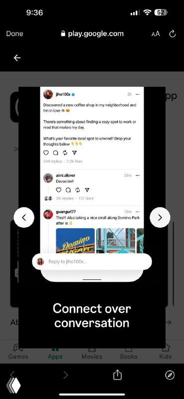 Скриншот ленты и комментариев в Threads: пример поста с изображением, ответами и элементами интерфейса для взаимодействия, подпись «Connect over conversation».
