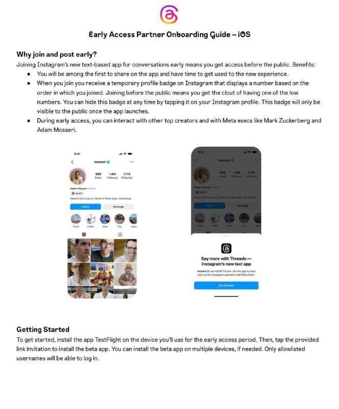 Скриншот страницы руководства Early Access Partner Onboarding Guide для iOS: инструкции по приглашению и интерфейс тестовой программы Threads, логотипы и примеры экранов