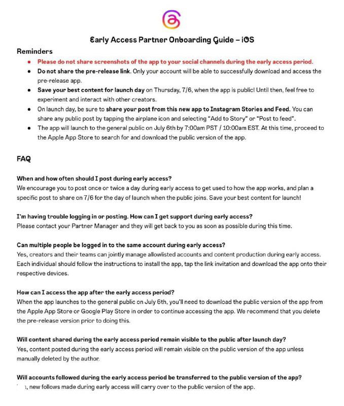 Скриншот документа бета-доступа Threads: список напоминаний и правил для ранних партнёров, объясняющий ограничения и порядок доступа через TestFlight
