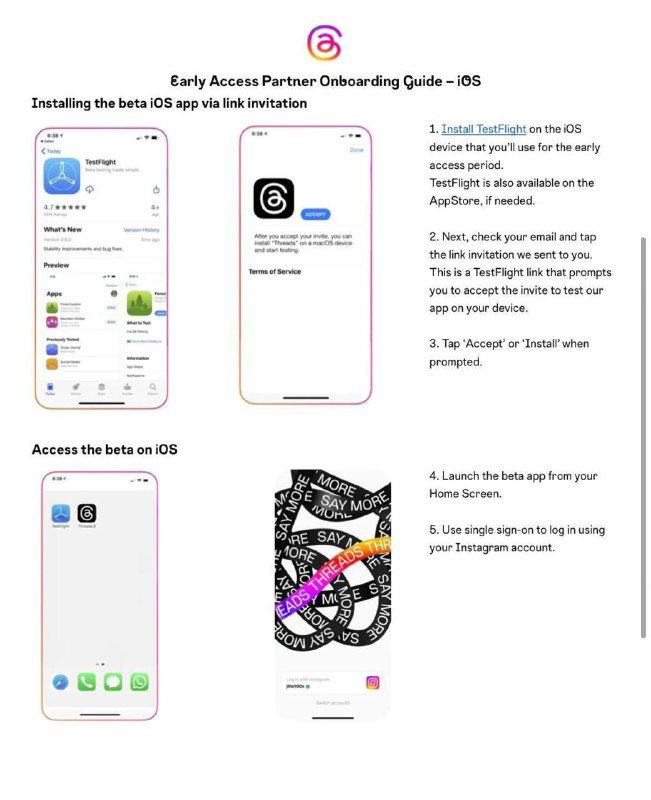 Скриншот инструкции по установке беты Threads через TestFlight: иллюстрации экранов App Store, приглашения и примеры интерфейса приложения на iOS
