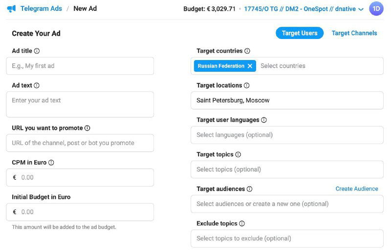 Скриншот настроек таргетинга в Telegram Ads: поле выбора локаций с примерами городов (Санкт-Петербург, Москва) и сопутствующие параметры.