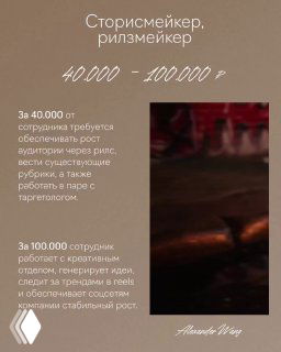 Слайд про сторисмейкера/рилзмейкера с диапазоном 40 000–100 000 ₽, фоновые кадры и небольшое текстовое пояснение обязанностей в соцсетях.