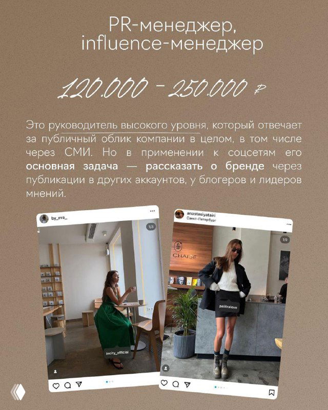 Слайд «PR‑менеджер, influence‑менеджер» с коллажем фото и пометкой 120 000–250 000 ₽; визуальный пример PR‑активностей и работы с инфлюенсерами.