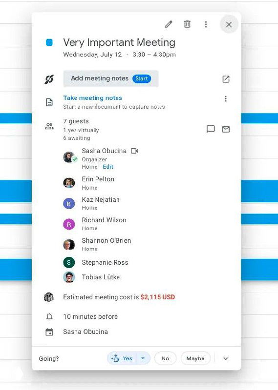 Скриншот окна встречи в календаре: заголовок события, список участников и строка с оценочной стоимостью встречи.
