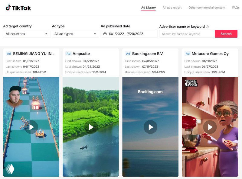 Скриншот библиотеки креативов TikTok: карточки с превью, названия рекламодателей и фильтры по странам и охватам.